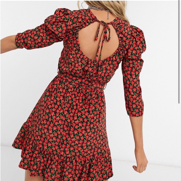 Topshop Red Rose Print Mini Dress Grunge Dark Romantic Floral Goth Dark Feminine - Picture 2 of 7